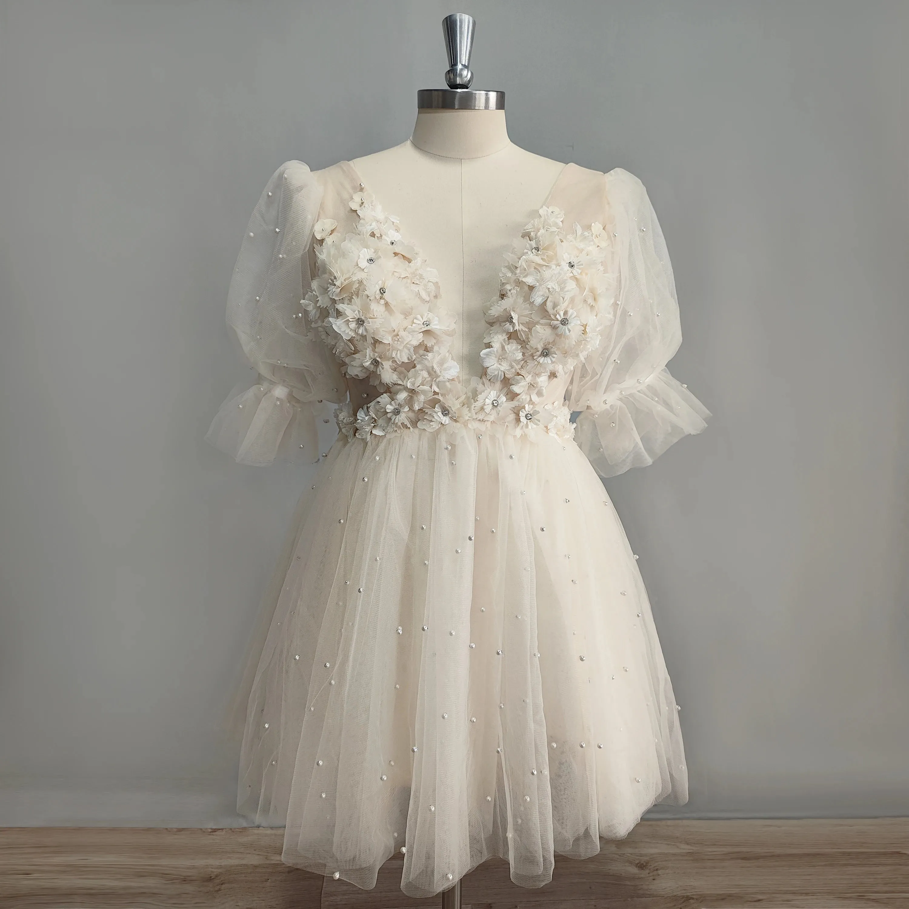 3D Flowers Puff Sleeves Short Wedding Dress