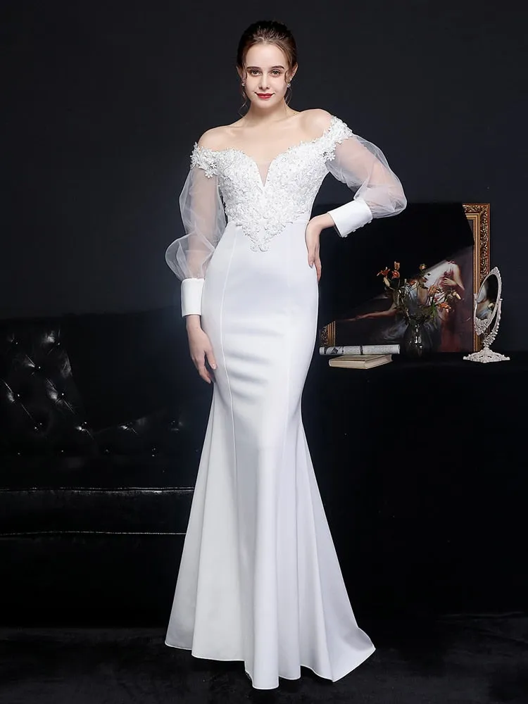 Beading Wedding Dress Women See through Tulle Long Sleeve Party Dress