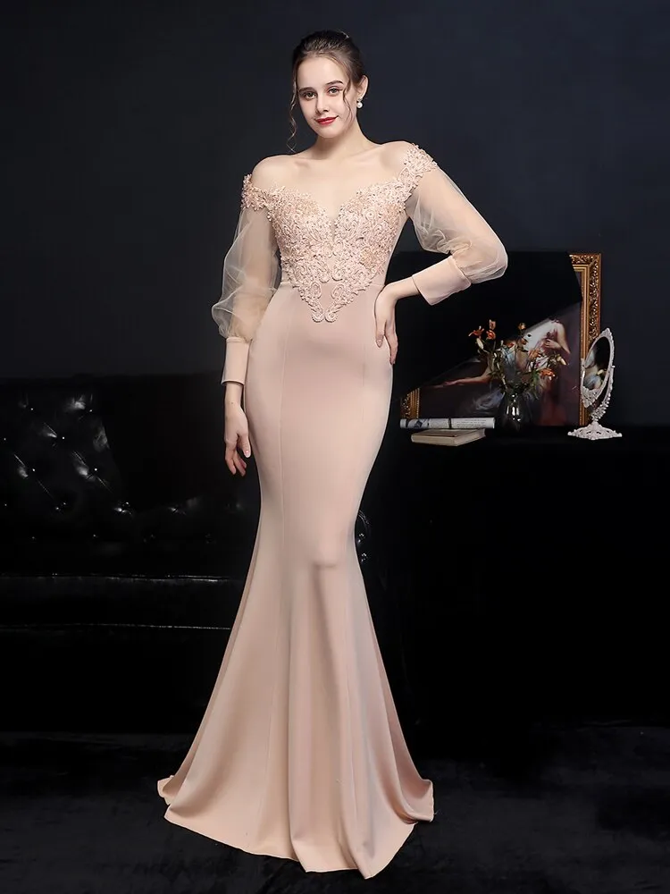 Beading Wedding Dress Women See through Tulle Long Sleeve Party Dress