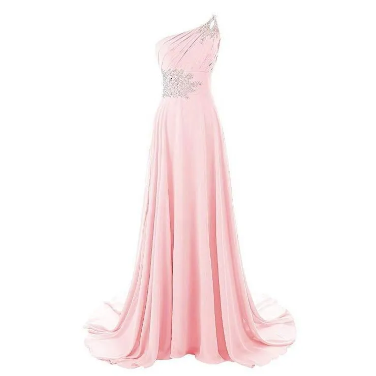 Chiffon Bridesmaid Dress One Shoulder Long Prom Dress Sleeveless Event Gown