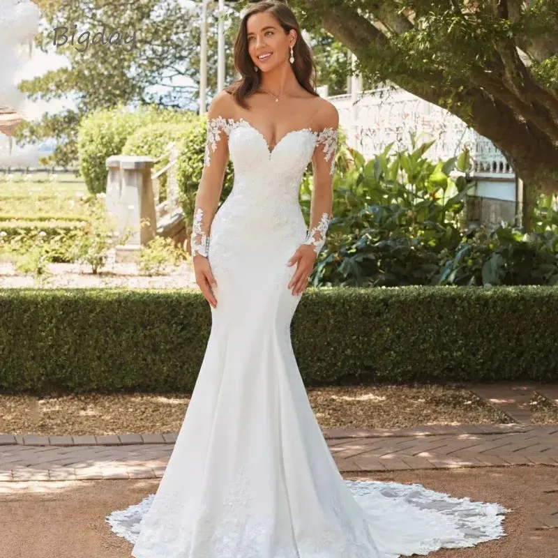 Elegant Mermaid Wedding Dress White Long Sleeve Open Back