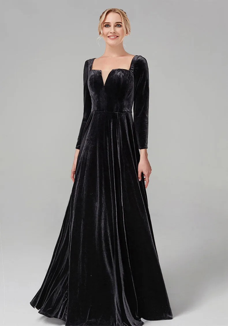 [Final Sale] Black Square Neck Long Sleeve Velvet Noble Maxi Formal Evening Gown