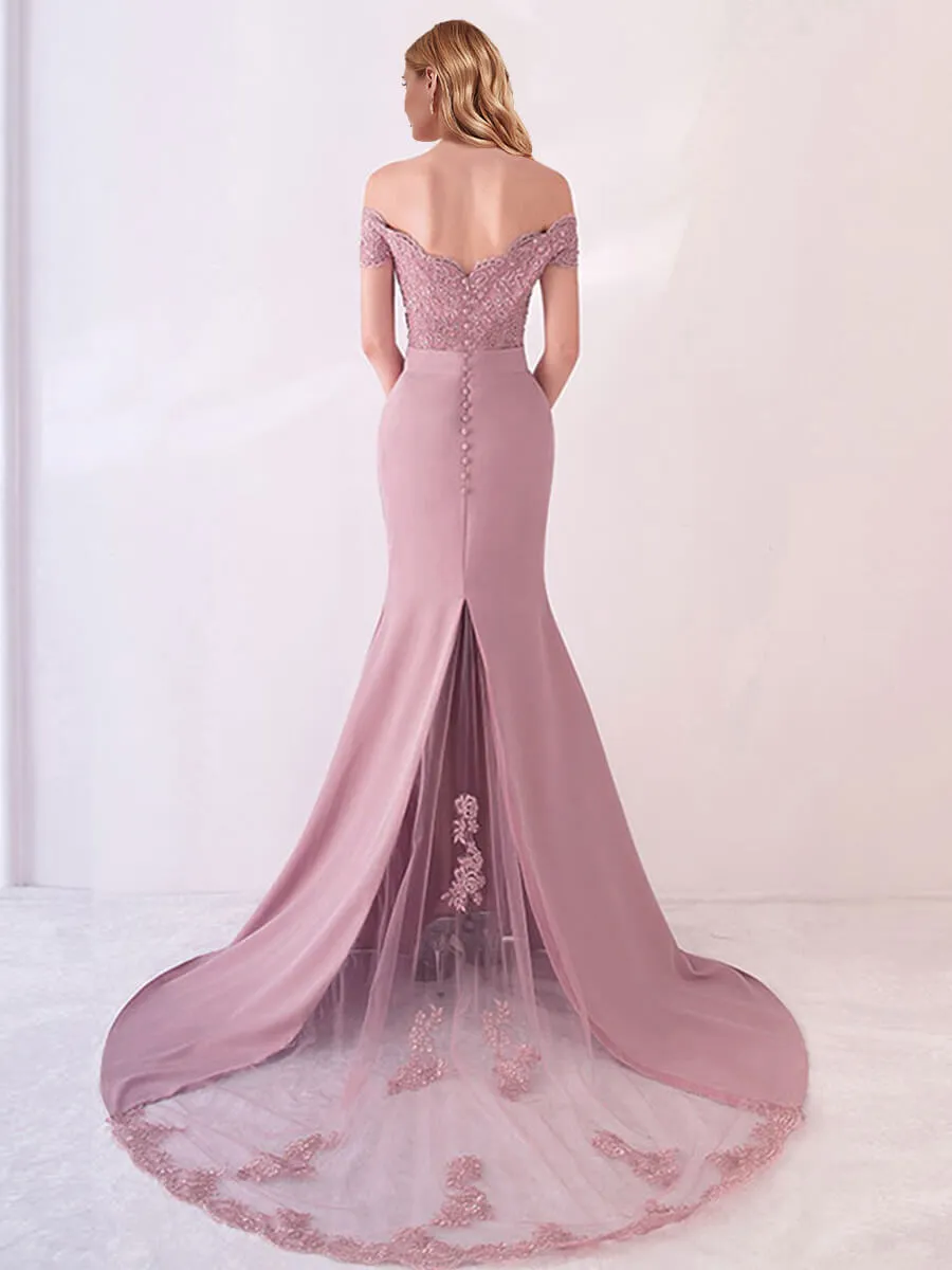 [Final Sale] Vintage Mauve Bead Lace Mermaid Bridesmaid Dresses Party Gowns with Train