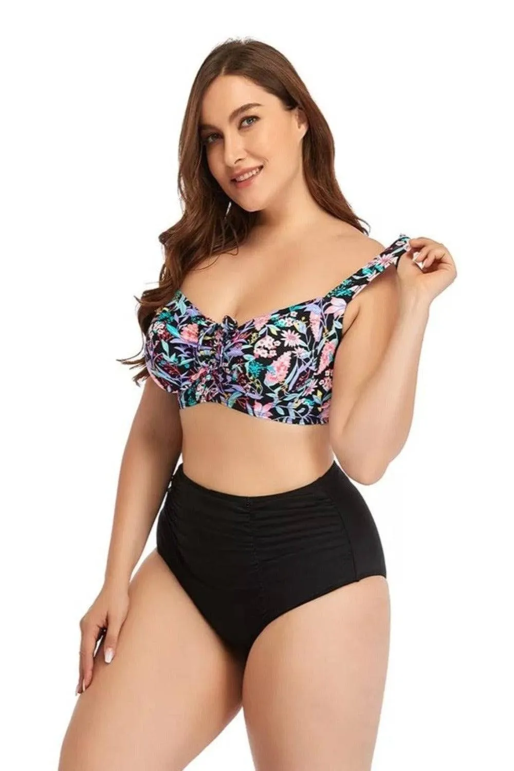 Floral Two-Piece Plus Size Bikini High Waist Tummy Control Push Up Bra Swimsuit