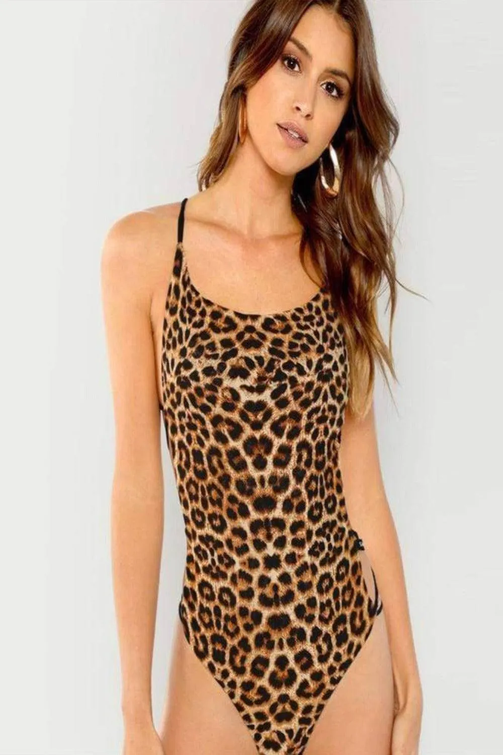 Leopard Print Strappy Back Slim Fitted Bodysuit Swimsuit