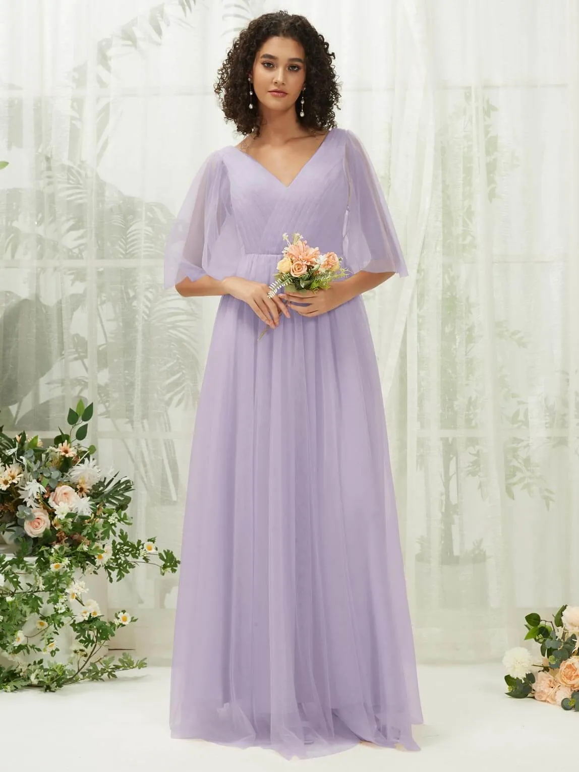 Light Dusty Purple Ruffle Sleeves Tulle Maxi Bridesmaid Dresses With Pocket