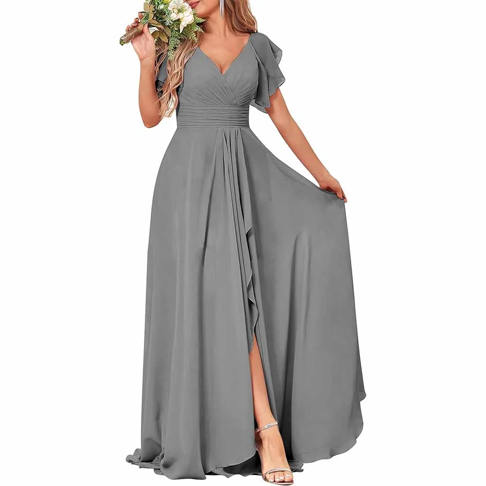 Long Bridesmaid Dresses Wedding Short Sleeve Formal Dress Chiffon Evening Gown