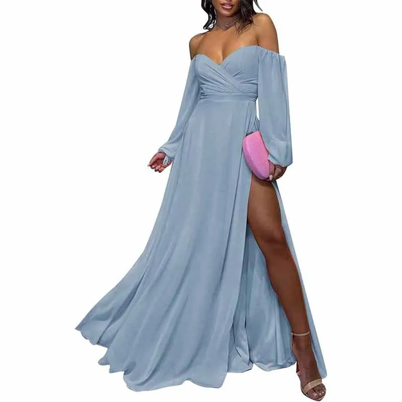 Long Sleeve Bridesmaid Dresses Chiffon Sweetheart Off The Shoulder Formal Evening Dresses with Slit