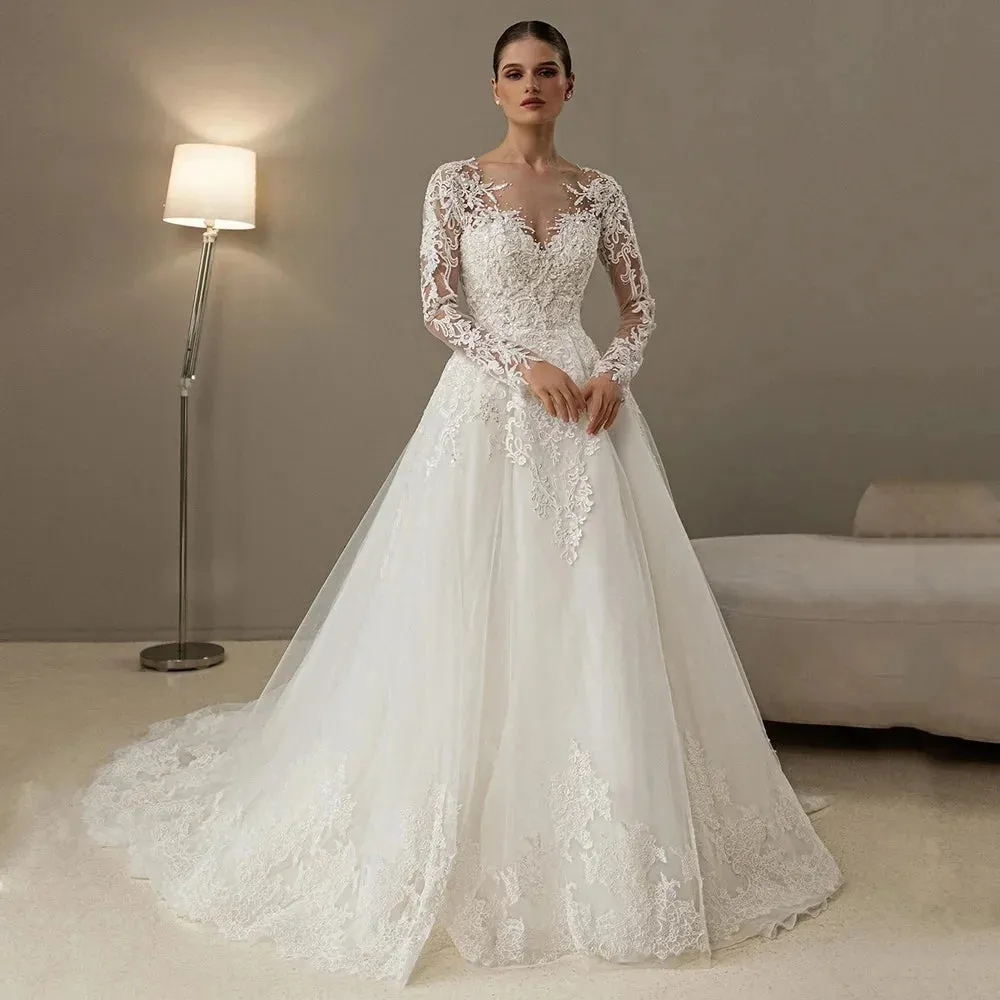 Long Sleeves Vestidos De Novia Sheer Scoop Neck Pearls Beading Lace