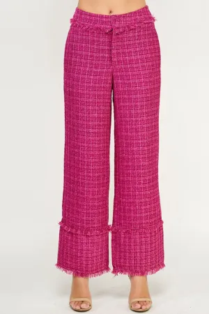 Magenta Frayed Detail Tweed Pants