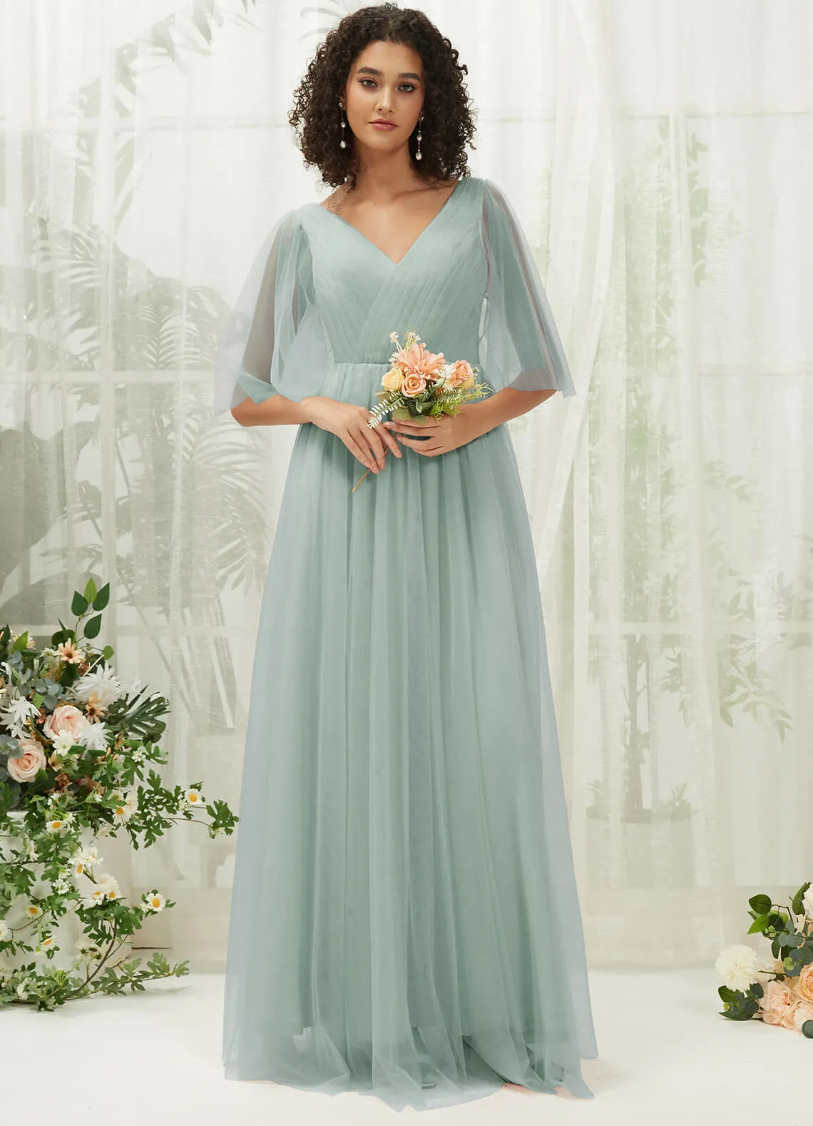 Sage Green Ruffle Sleeves Tulle Maxi Bridesmaid Dresses With Pocket