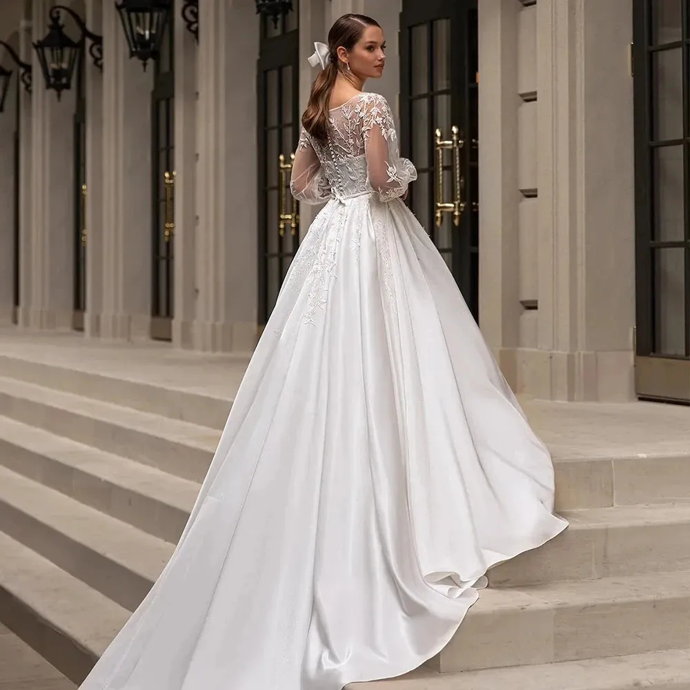 Wedding Dresses A Line Puffy Ruched Satin Ball Gowns Long Sleeve Formal