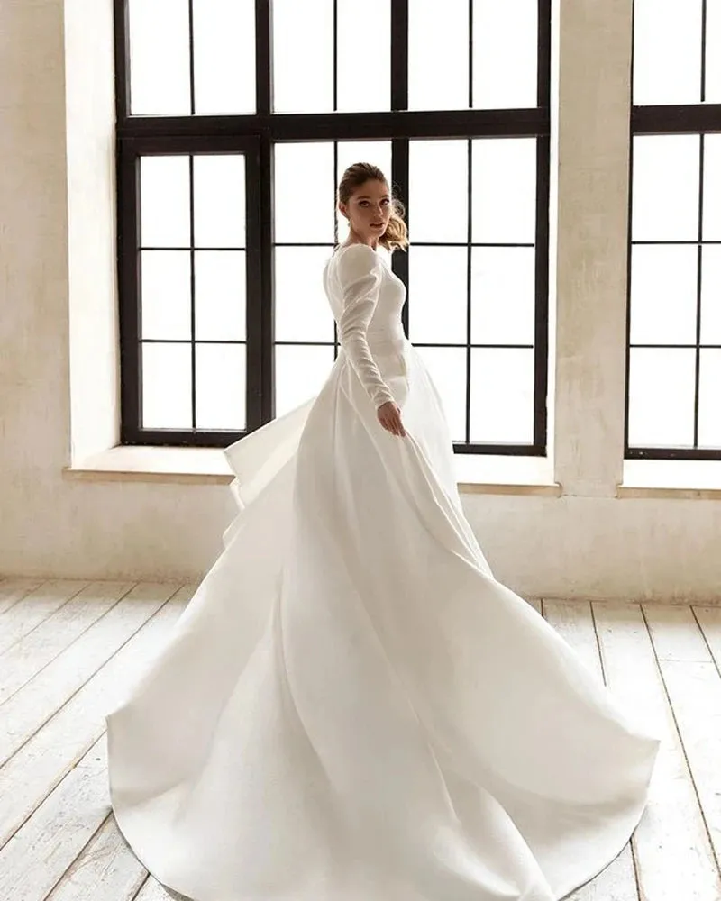 Wedding Dresses A-Line Satin Bridal Gowns V-Neck Long Sleeves Robes For Formal