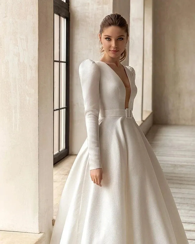 Wedding Dresses A-Line Satin Bridal Gowns V-Neck Long Sleeves Robes For Formal