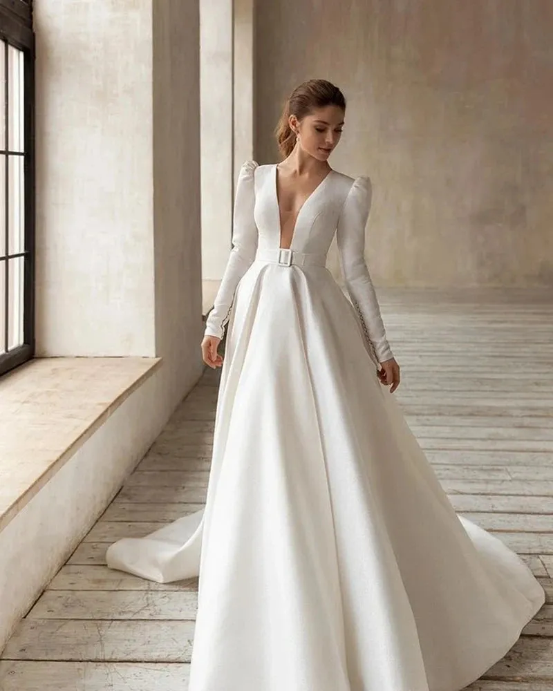 Wedding Dresses A-Line Satin Bridal Gowns V-Neck Long Sleeves Robes For Formal