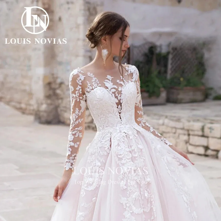Wedding Dresses For Women Classic Long Sleeve Embroidery Button Princess