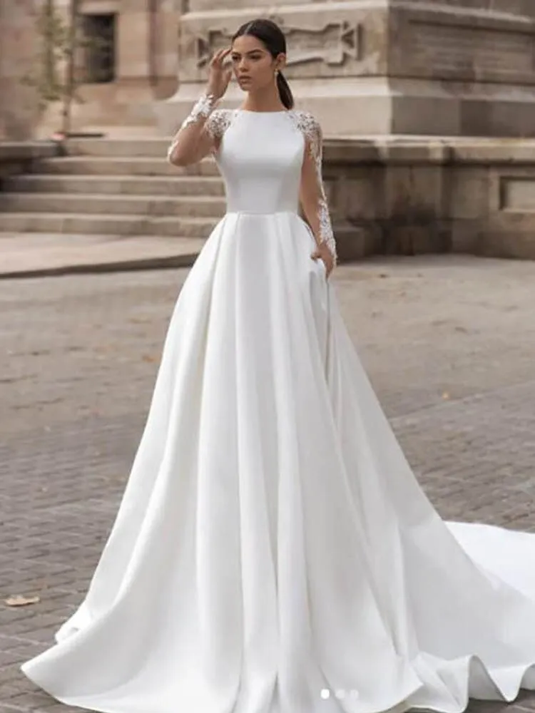 Wedding Dresses Long Sleeve Lace Bride Gown Illusion Back Wedding Gown