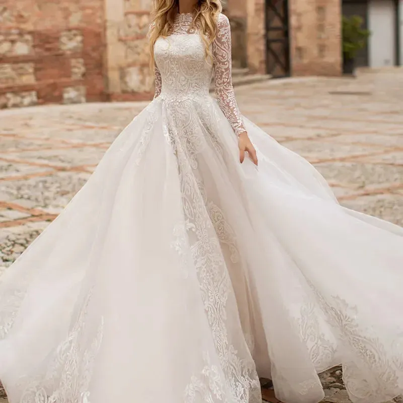 Wedding Dresses O-Neck A-Line Bridal Gowns Lace Appliques Long Sleeves