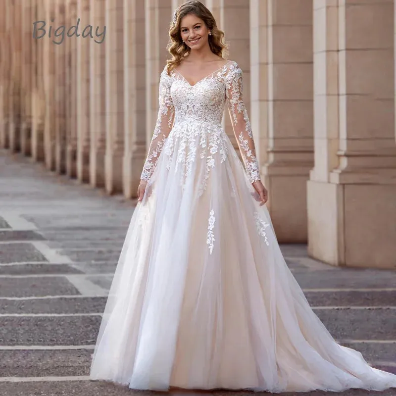 Wedding Dresses Plus Size Lace Long Sleeve Women White Open Back