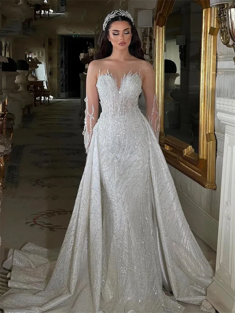 Wedding Guest Dresses: Bride Dresses 2 in 1 Embroidery Wedding Dress With Illusion