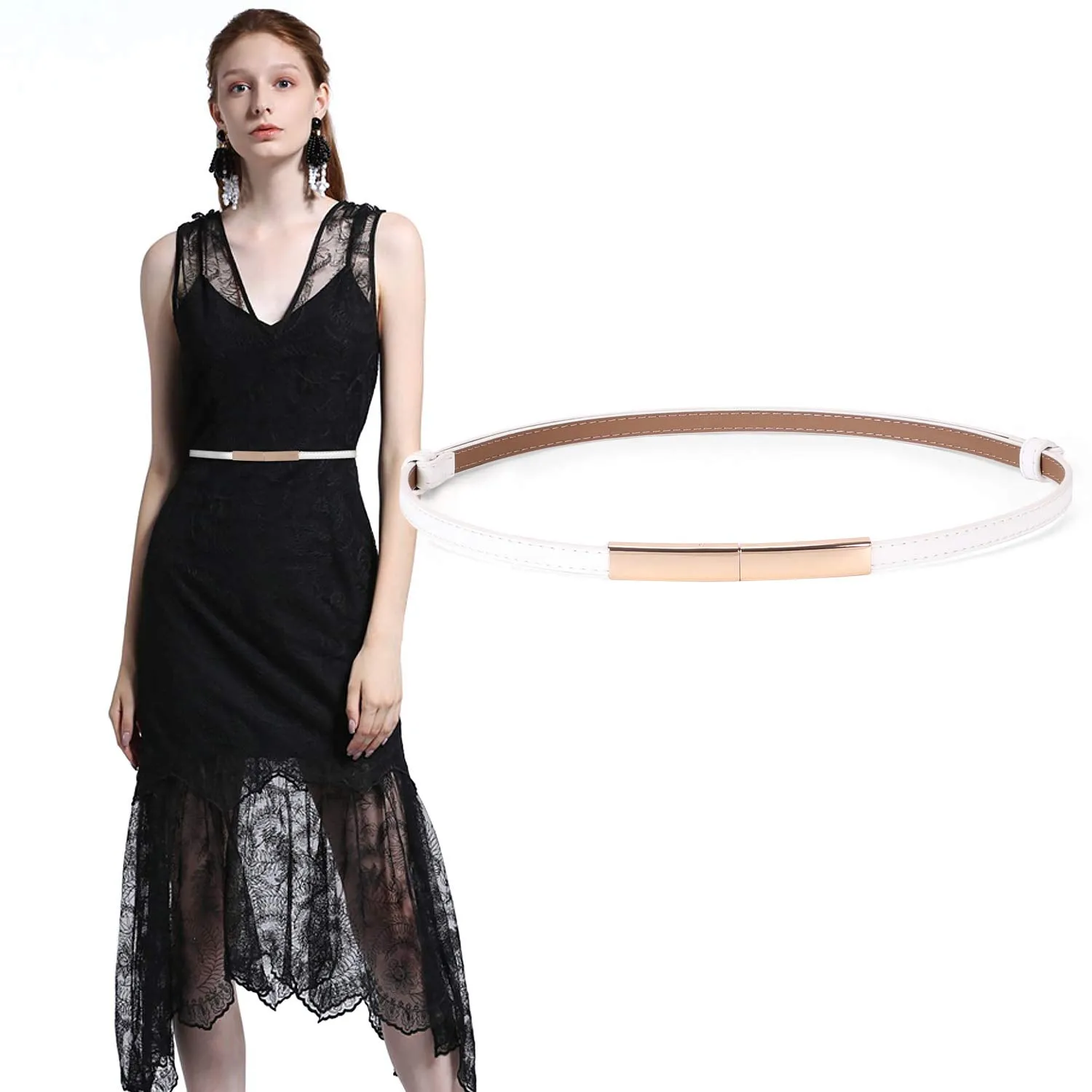 Women’s Skinny Leather Belt Adjustable Slim Waist Belt with Gold Alloy Buckle for Dress By JASGOOD